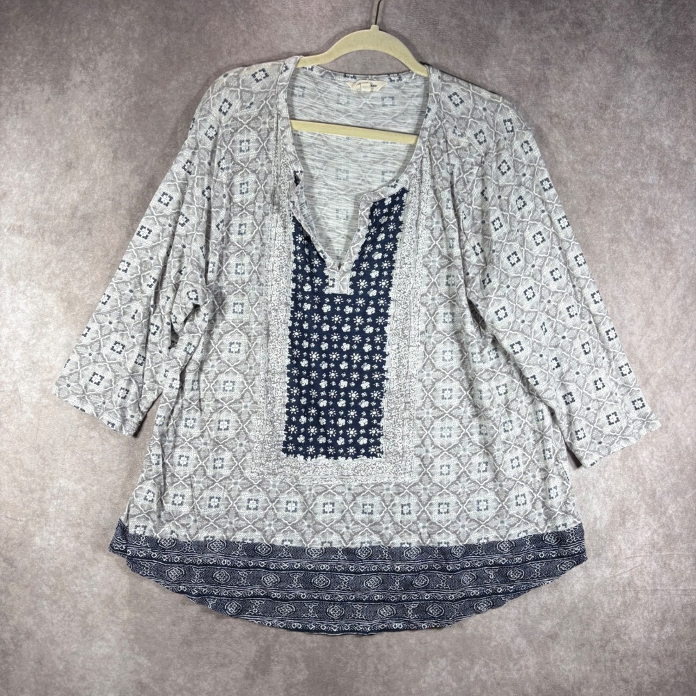Lucky Brand Henley Top Womens 2X Gray Blue Mixed Print Boho Floral Cotton Blend